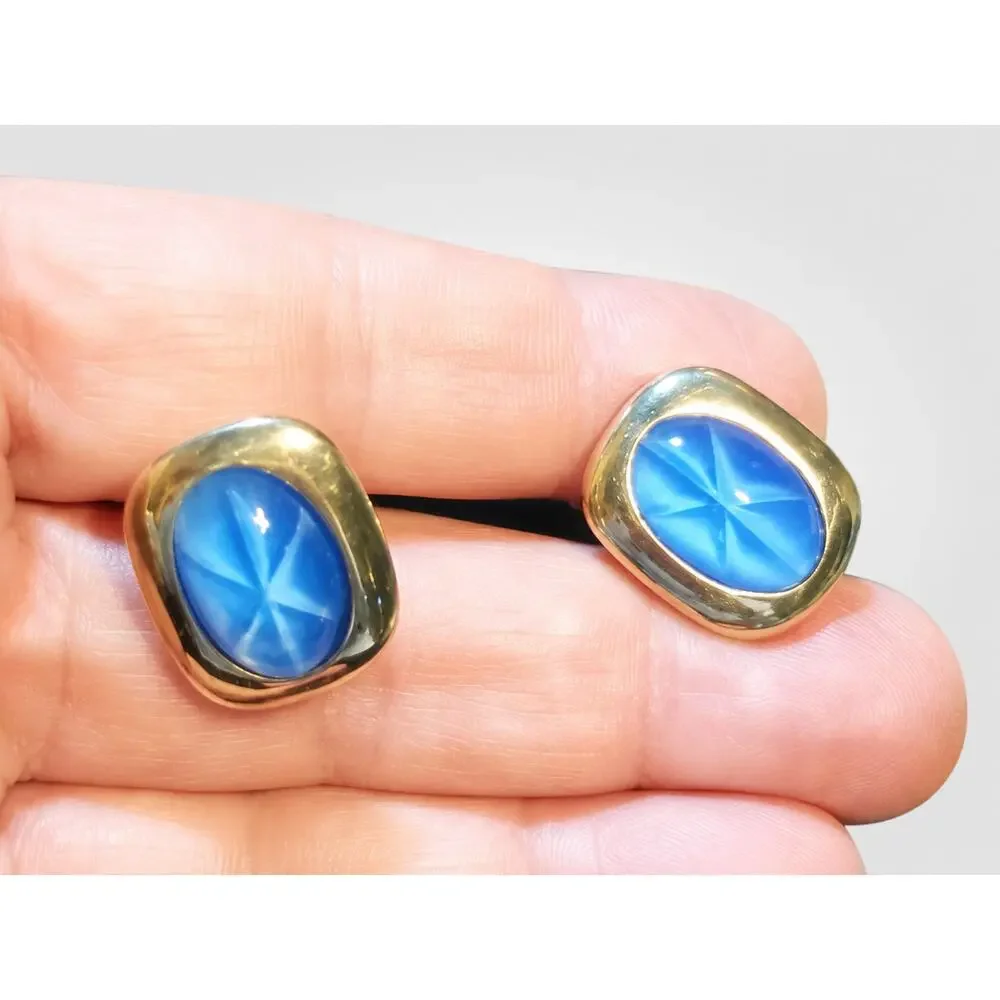 Blue Cuff‎ Links Faux Star Sapphire Vintage Gift for Him Cufflinks Gold-tone cl-